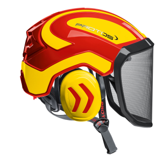 Motors&#228;gehelm Protos Integral Arborist Visier F39 rot-gelb